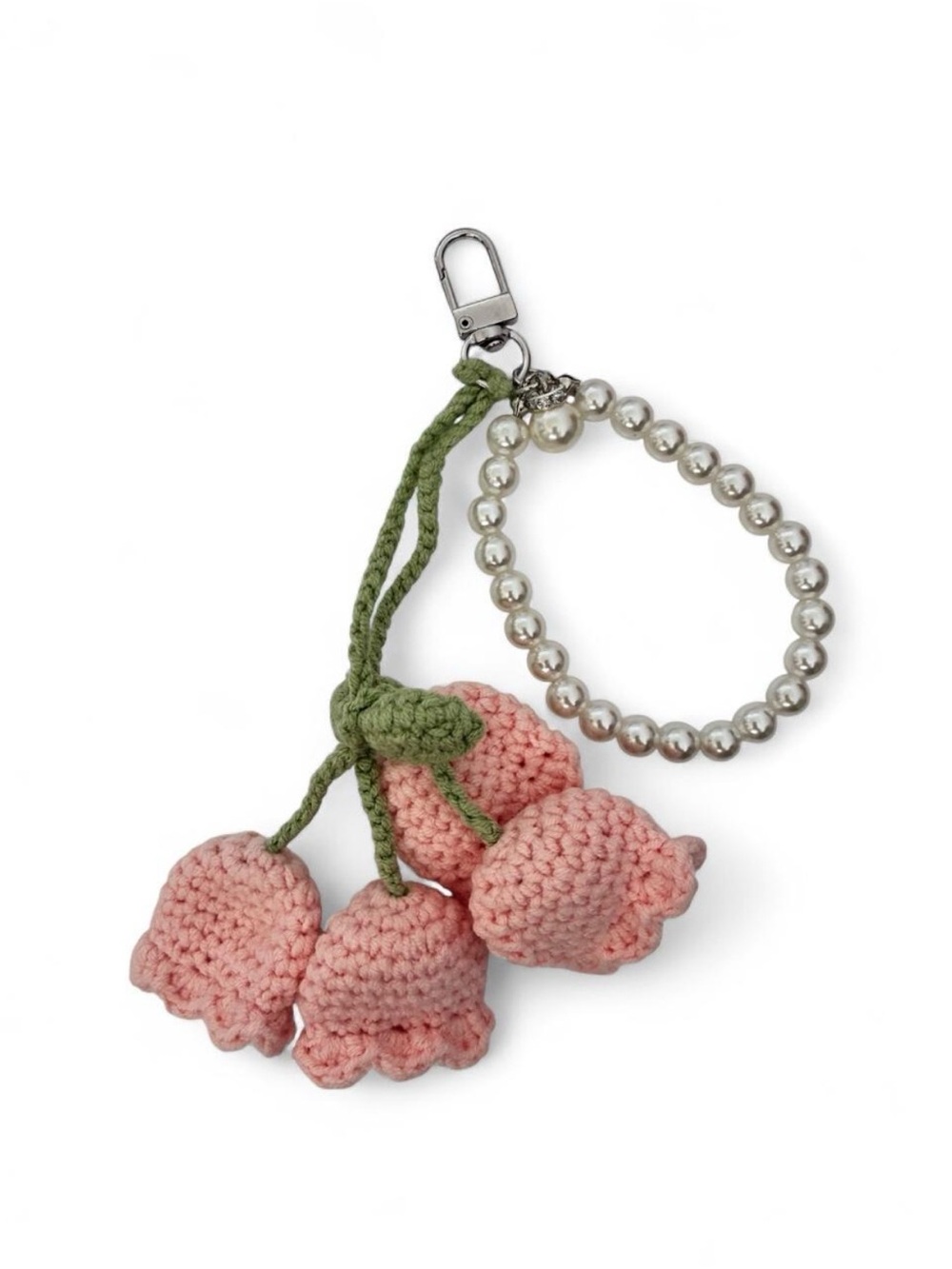 Pink Crochet Cherry Keychain Wristlet with Pearl Beads
